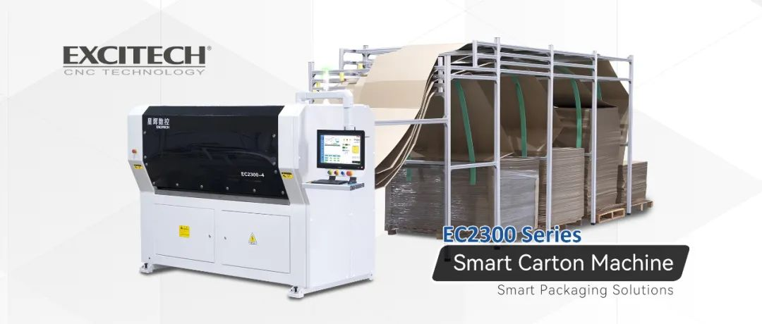 Máquina de corte de caixa de papelão EXCITECH EC2300 para embalagem de pedidos de móveis.